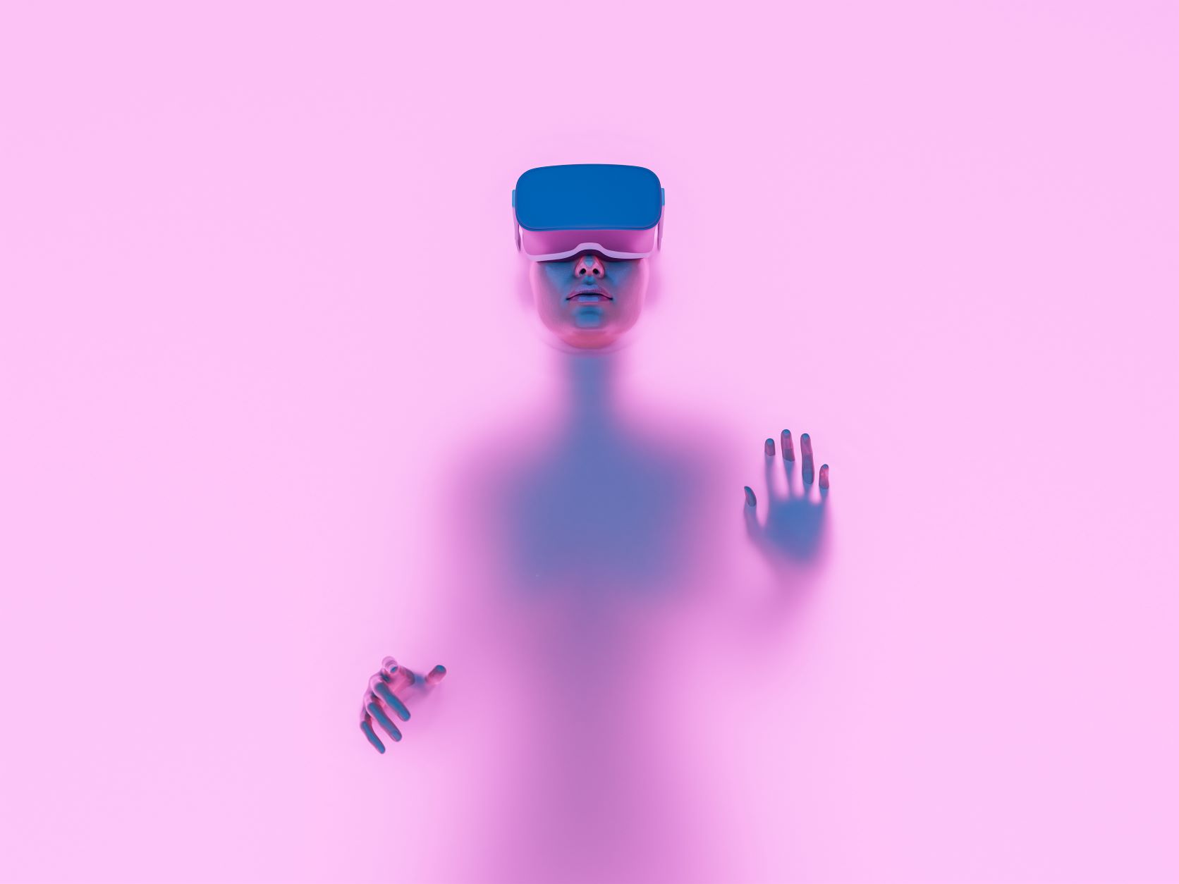 character with VR goggles immersed in backlit diffuse liquid