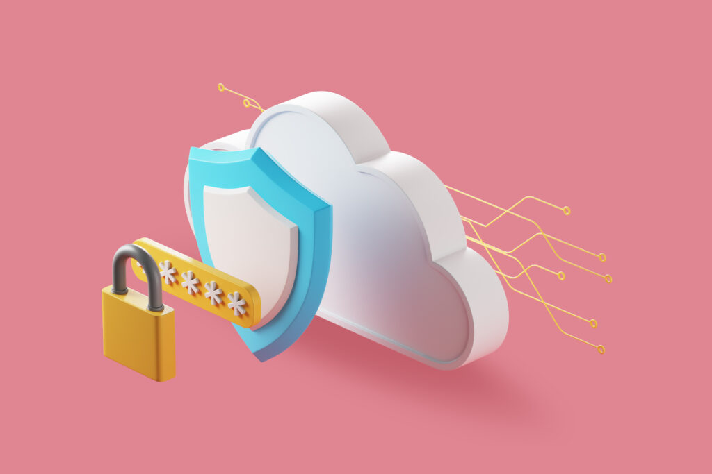 White cloud, yellow padlock, blue protection shield and pink background. 